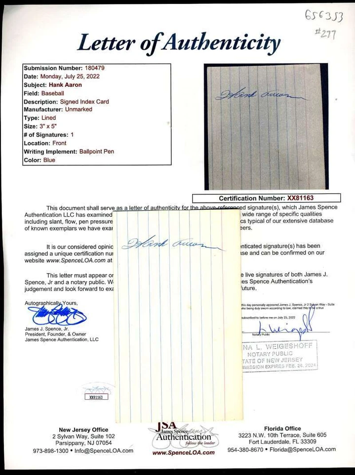 Hank Aaron JSA Vintage  Signed 3x5 Index Card Autograph - Image 1 of 1