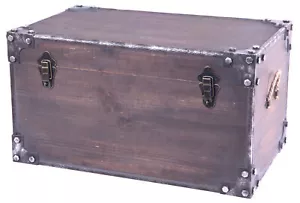 Distressed Wooden Vintage Industrial Style Decorative Trunk with Lockable Latch - Picture 1 of 6