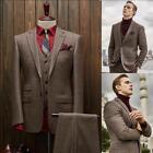 Vintage 3 Pieces Men's Suits Tweed Wool Blend Brown Herringbone Blazer Slim Fit