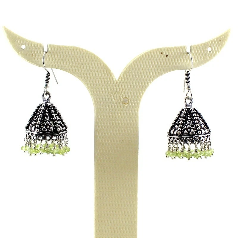 Hanging Earrings Natural Peridot Gemstone Handmade Beaded Jewelry Oxidized - Image 1 of 2
