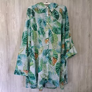 CW Classics Camicetta Donna Trasparente Manica Lunga Verde Blu Motivo Foglia Taglia 3X - Foto 1 di 7