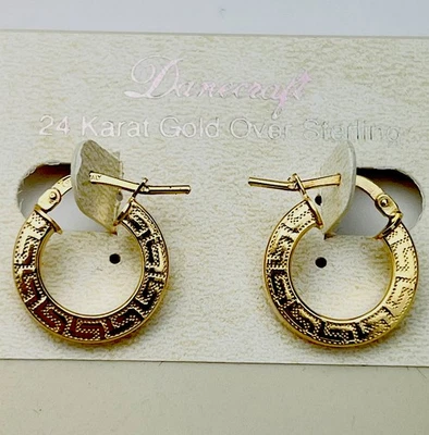 DaneCraft 24KT Gold Over 925 Sterling Greek Key Design Hoop Pierced Earrings - Image 1 of 4