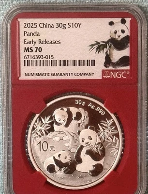 China 2025 30 g Silver Panda NGC MS70 lanzamientos tempranos núcleo rojo Foto 1 de 2