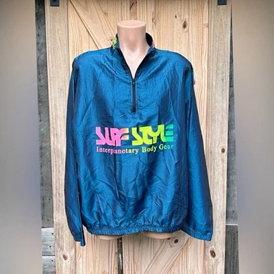 Vintage Retro 90s Surf Style Iridescent Blue Nylon Pullover Jacket~OS~ - Image 1 of 4