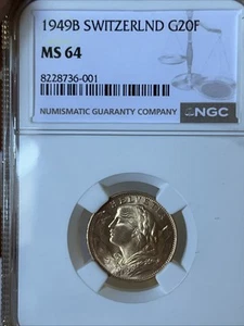 1949B Beautiful Gold Coin Switzerland Swiss Confederation Twenty Francs NGC MS64 - Picture 1 of 5