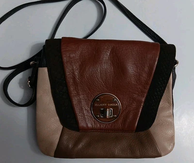 Elliot Lucca Leather Handbag Purse Crossbody Block Pattern Brown Tan Floral - Image 1 of 4