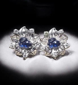 Vintage Sterling Silver Blue Rhinestone Floral Earrings Mid Century Sparkle - Picture 1 of 5