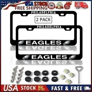 2pk Philadelphia Eagles Metal License Plate Frames, Black with Screw Caps Set - Picture 1 of 16