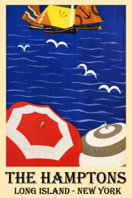 HAMPTONS LONG ISLAND NEW YORK SEAGULL SUMMER OCEAN BOAT PARASOL VINTAGE POSTER  - Image 1 of 3