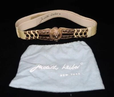 Cinturón Judith Leiber tono dorado, cabeza de león, piel de serpiente, 28", ajustable, con bolsa para el polvo Foto 1 de 4