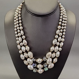 Beaded Necklace Vtg White Acrylic Triple Layered Graduated Japan AB Glass 16-18" - Picture 1 of 16