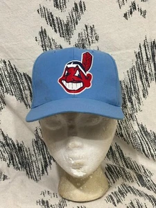Vintage 90s Cleveland Indians Baby Blue MLB Strapback Hat Chief Wahoo Pearson - Picture 1 of 11