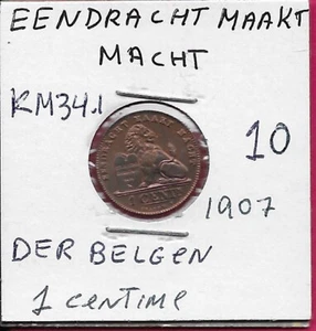 BELGIUM 1 CENTIME 1907 UNC LEOPOLD II,EENDRACHT MAAKT MACHT,DER BELGEN,L - Picture 1 of 2