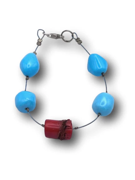 BELLISSIMO BRACCIALE PASTA DI TURCHESE CORALLO BAMBOO ARGENTO - Immagine 1 di 4