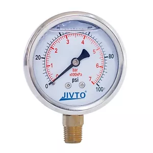 Pressure Gauge,Liquid Filled,2" Dia,0-100 PSI,1/4 NPT Lower Mount - Picture 1 of 15