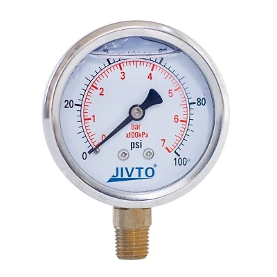 Pressure Gauge,Liquid Filled,2" Dia,0-100 PSI,1/4 NPT Lower Mount - Image 1 of 4