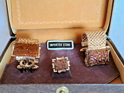 Conjunto de joyería vintage de gemelos Dante con caja piedras marrones naturales oro tn Foto 1 de 4