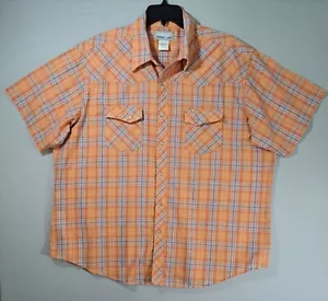 Wrangler Shirt Mens 2XL Orange Blue Plaid Pearl Snap Western Short Sleeve - Picture 1 of 7
