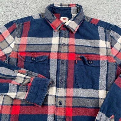 Camisa Levis Para Hombre Mediana Azul Rojo Franela a Cuadros Botones Manga Larga Bolsillos Foto 1 de 4
