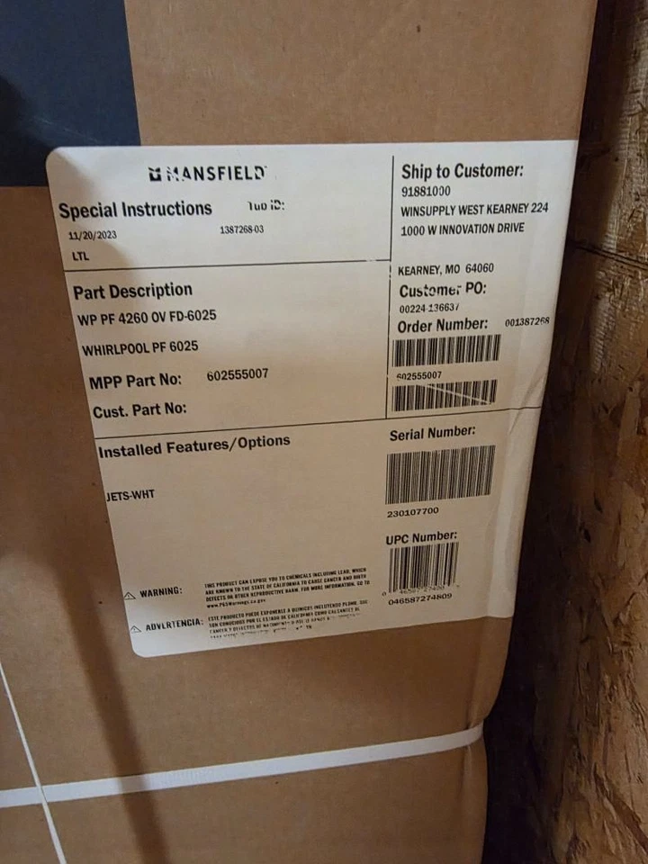 Mansfield 6025 Whirlpool Tub 60"x42" - Image 1 of 1