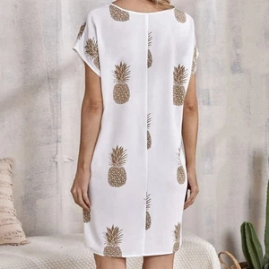 Ladies' V-neck Pineapple Print Cut Casual Fashion Dress - Picture 1 of 4