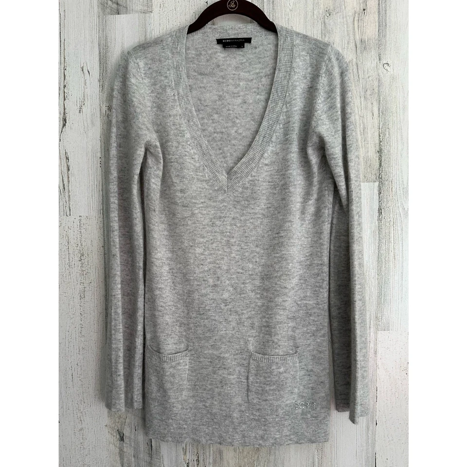 BCBGMaxazria Womens Sweater Large (Small) Heathered Gray Vneck Angora Wood Blend - Image 1 of 4