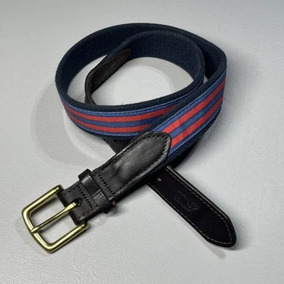 Cinturón Vineyard Vines Cinta Lona 32 Azul Rojo Rayas Marrón Cuero Hebilla Latón Foto 1 de 4