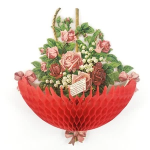 Victorian Rose Basket Honeycomb Valentine Card c1900 Antique Paper Flowers B444 - Picture 1 of 3