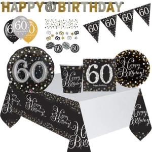 Black, Gold, Silver 60th Birthday Party Supplies Tableware, Decoration, Balloons - Picture 1 of 21
