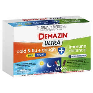 Demazin Ultra Cold & Flu + Cough + Immune Defence 34 Capsules Headache Fever - Picture 1 of 2
