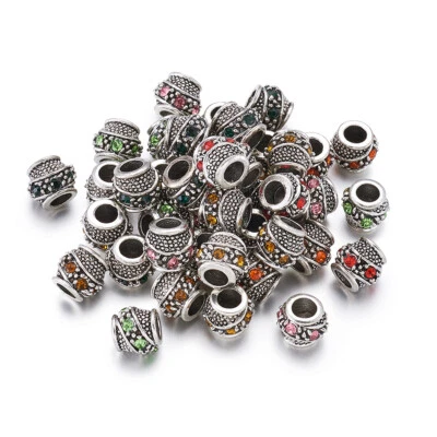50pcs Tibetan Alloy Rhinestone European Beads Large Hole Barrel Charms 10~11x9mm - Image 1 of 4