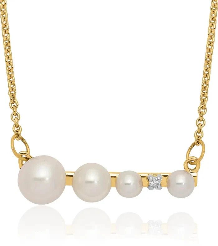 14K Solid Two Tone Gold Round Freshwater Cultured Graduated Pearl Diamond Cha... - Image 1 of 4