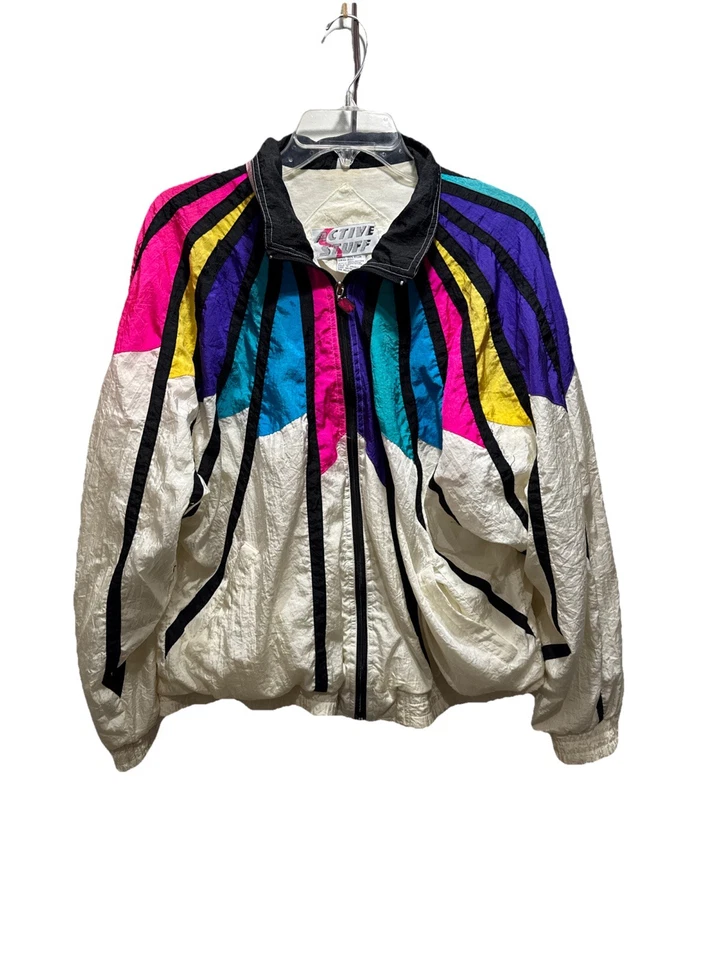 Chaqueta cortavientos Active Stuff de colección para mujer XL blanca arco iris cremallera completa años 80 90 Foto 1 de 4