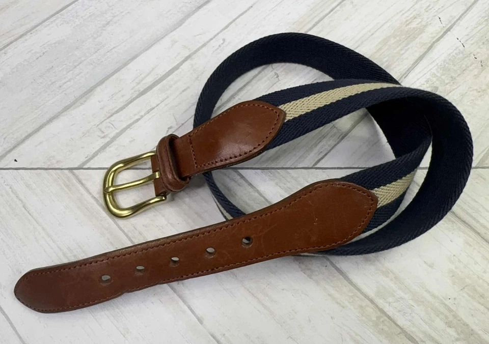 Cinturón Coach de sarga de cuero para hombre talla 32" azul marino beige rayas preppy carrera 3880 Foto 1 de 4