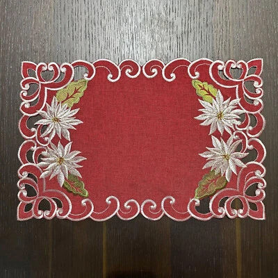 Set of 4 Red Vintage Christmas Embroidered Lace Placemats Table Mat Doily 11x17" - Image 1 of 4