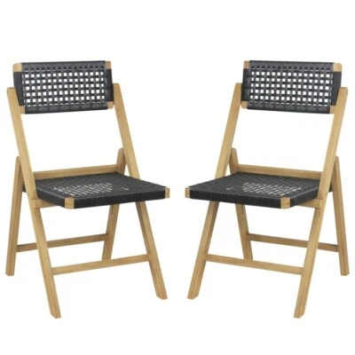 Set of 2 Folding Chairs Indonesia Teak Wood Dining Chairs Woven Rope Seat & Back - Image 1 of 4