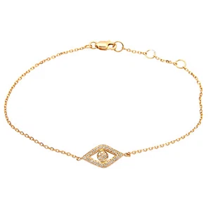 BRACCIALE DELICATO ORO GIALLO 14K PAVÈ DIAMANTE MALOCCHIO CHARM catena - Foto 1 di 1