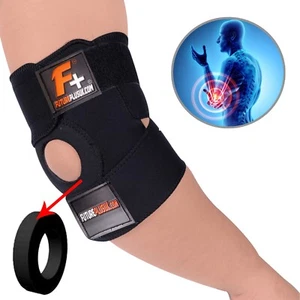 F+ Neoprene Adjustable Elbow Support Brace Tennis Arthritis Black Strap Use NHS - Picture 1 of 15