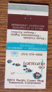 POLYNESIAN FOOD MATCHBOOK COVER: LATITUDE 20 TORRANCE, CALIFORNIA MATCHCOVER A24 - Picture 1 of 2