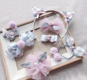 Kariert Blau Lila Kinder Mädchen Kinder Haarschmuck Katzenohr Haarband Krawatten - Bild 1 von 10