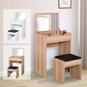 Dressing Table Set Flip-up Mirror Dresser Padded Stool Multi-purpose Bedroom - Picture 1 of 23