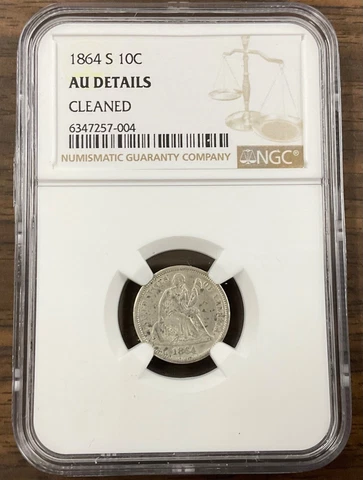 1864-S 10¢ SEATED LIBERTY DIME - NGC AU DETAILS - Cleaned - Scarce Cover
