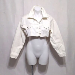 Forever 21 Ivory White Cropped Frayed Hem Premium Denim Jacket Medium - Picture 1 of 11