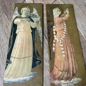 Antique Pair Hand Painted Putti / Angel Hanging Pictures 14.5x5.25” - Picture 1 of 7
