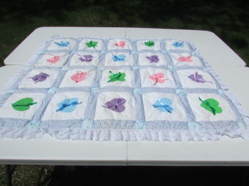 Hand Made Baby Quilt Hand Painted Hearts  49" L x 39"W