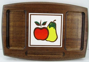 Vintage MCM Wood & Tile Cheese Cracker Snack Serving Tray ~ Pear Apple Trivet - Picture 1 of 13