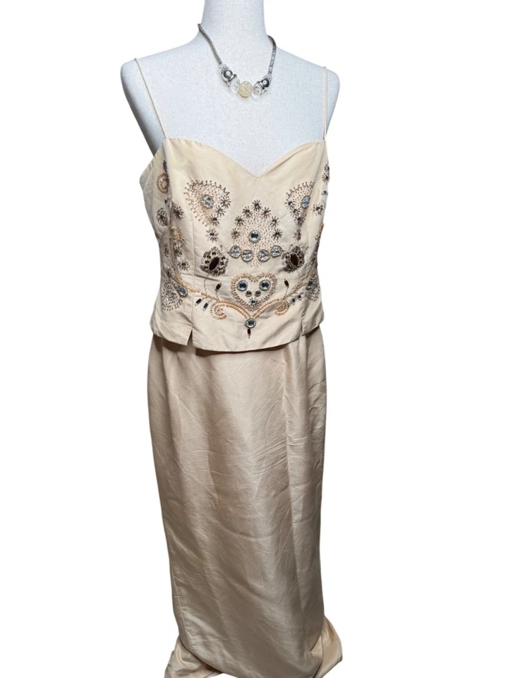 De Colección Gilar Noche Toda Seda Adornada Sin Tirantes Top Falda Larga Y2K Elegante leer Foto 1 de 4