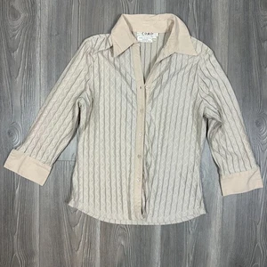 Y2K Como Tan Textured Button Down Shirt – 3/4 Sleeve Collared Top Size M - Picture 1 of 7