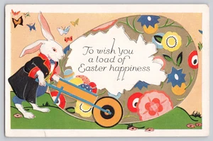 Postkarte Osterhase mit Ei Schubkarre - geprägt, Art Deco Stil USA - Bild 1 von 3