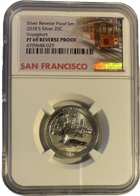 2018-S Silver PF 70 Reverse Proof Voyageurs 25C Washington Trolly Label - Image 1 of 2
